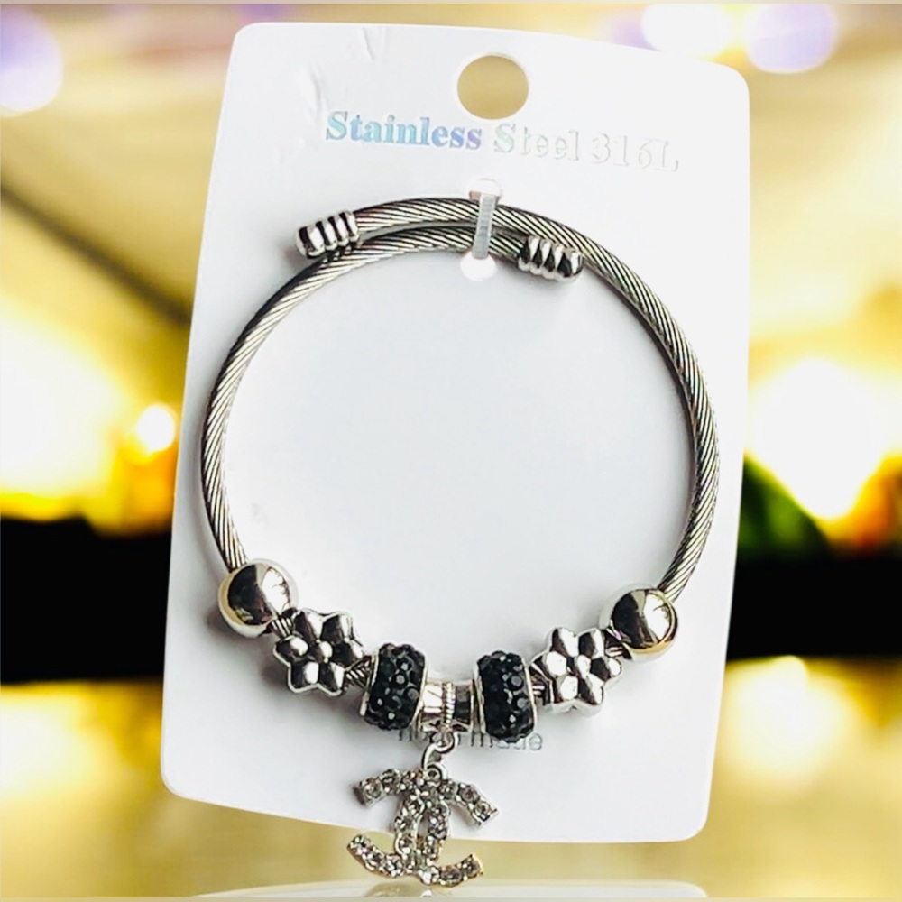 Elegant Silver and Black Charm Bracelet